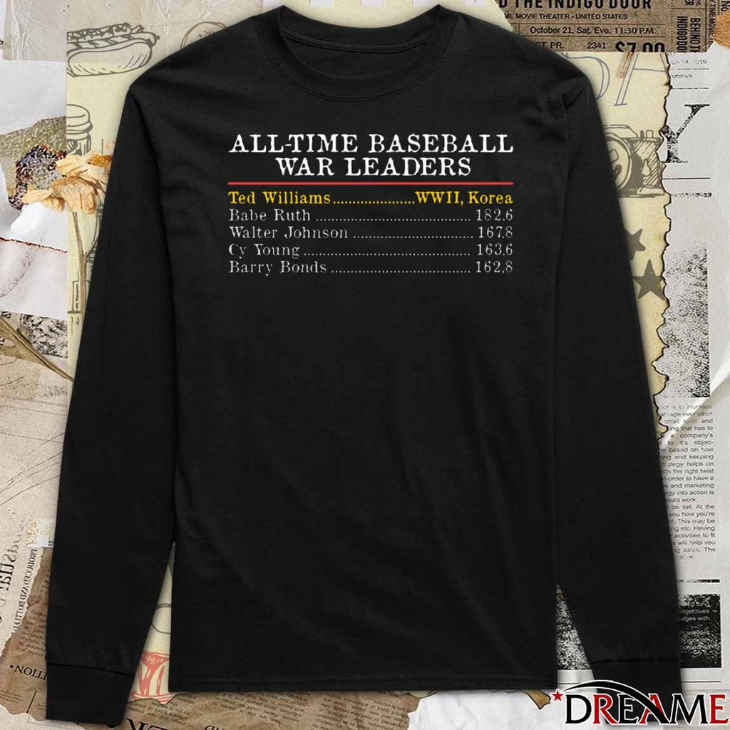 All-Time Baseball War Leaders Ted Williams WWII Korea Boston Red Sox t-shirt