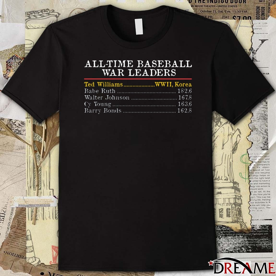 All-Time Baseball War Leaders Ted Williams WWII Korea Boston Red Sox t-shirt