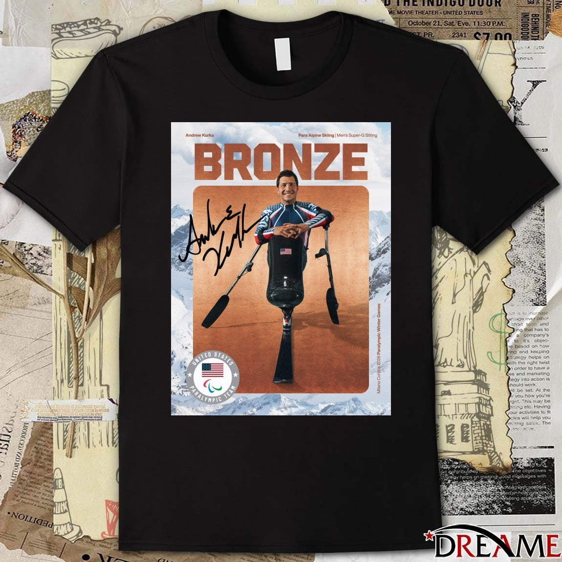 Andrew Kurka Para Alpine Skiing Men’s Super-G Sitting Bronze Medal Signature Poster t-shirt