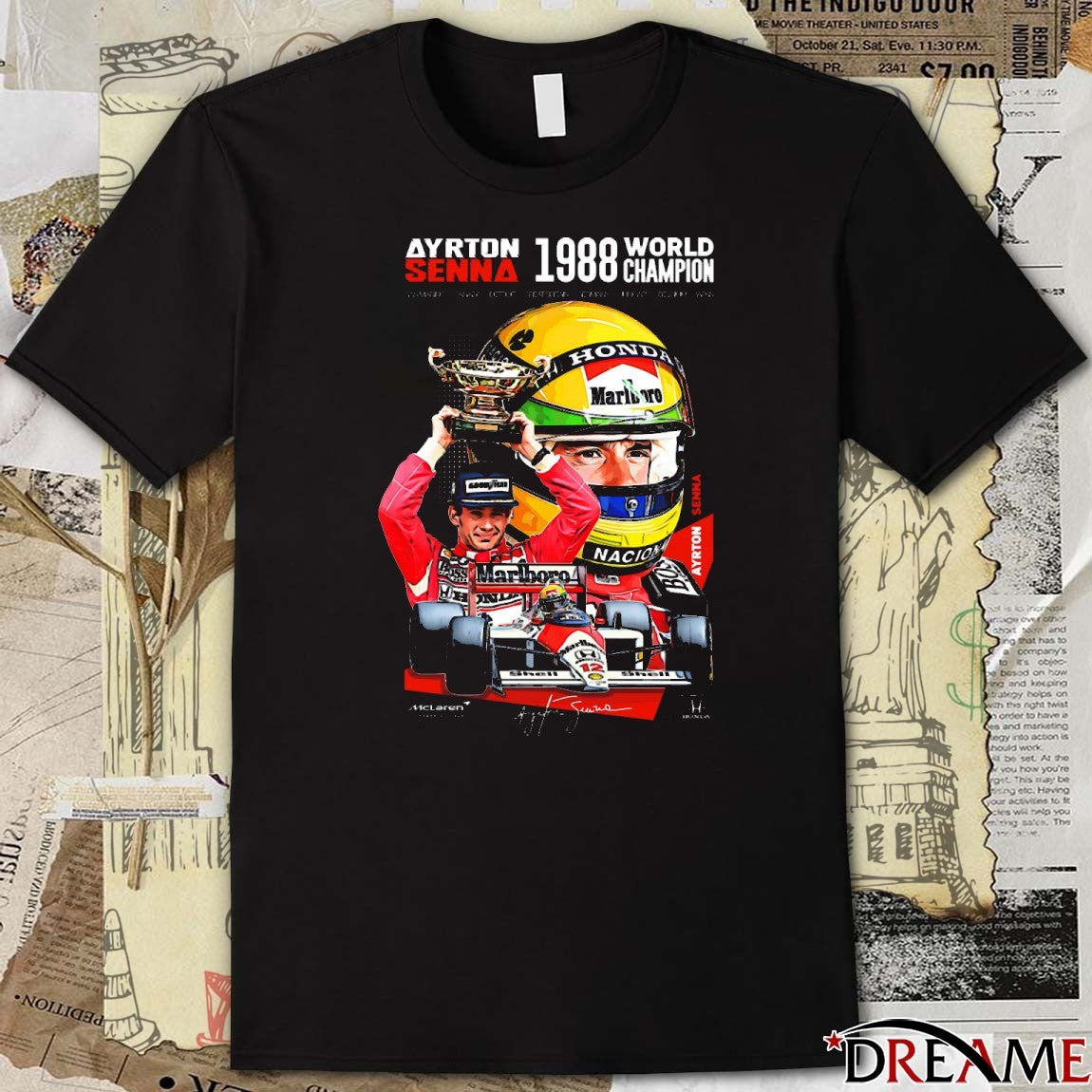 Ayrton Senna’s 1988 Champion San Marino Canada Detroit Great Britain Germany Hungary Belgium Japan Signature t-shirt