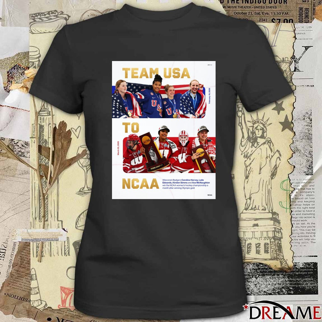 Caroline Harvey, Laila Edwards, Kirsten Simms and Ava McNaughton Olympic Gold Team USA To NCAA March 22 2026 Poster t-shirt