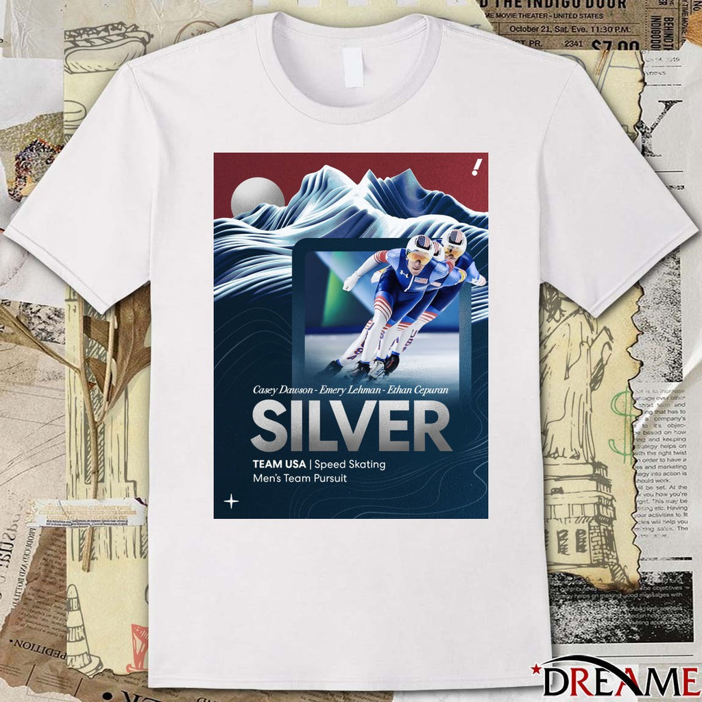 Casey Dawson – Emery Lehman – Ethan Cepuran SILVER TEAM USA Speed Skating Men’s Team Pursuit t-shirt