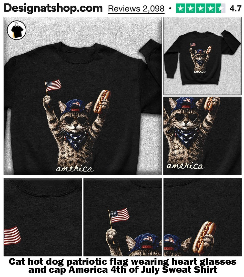 Cat hot dog patriotic flag wearing heart glasses and cap America 4th of July shirt
