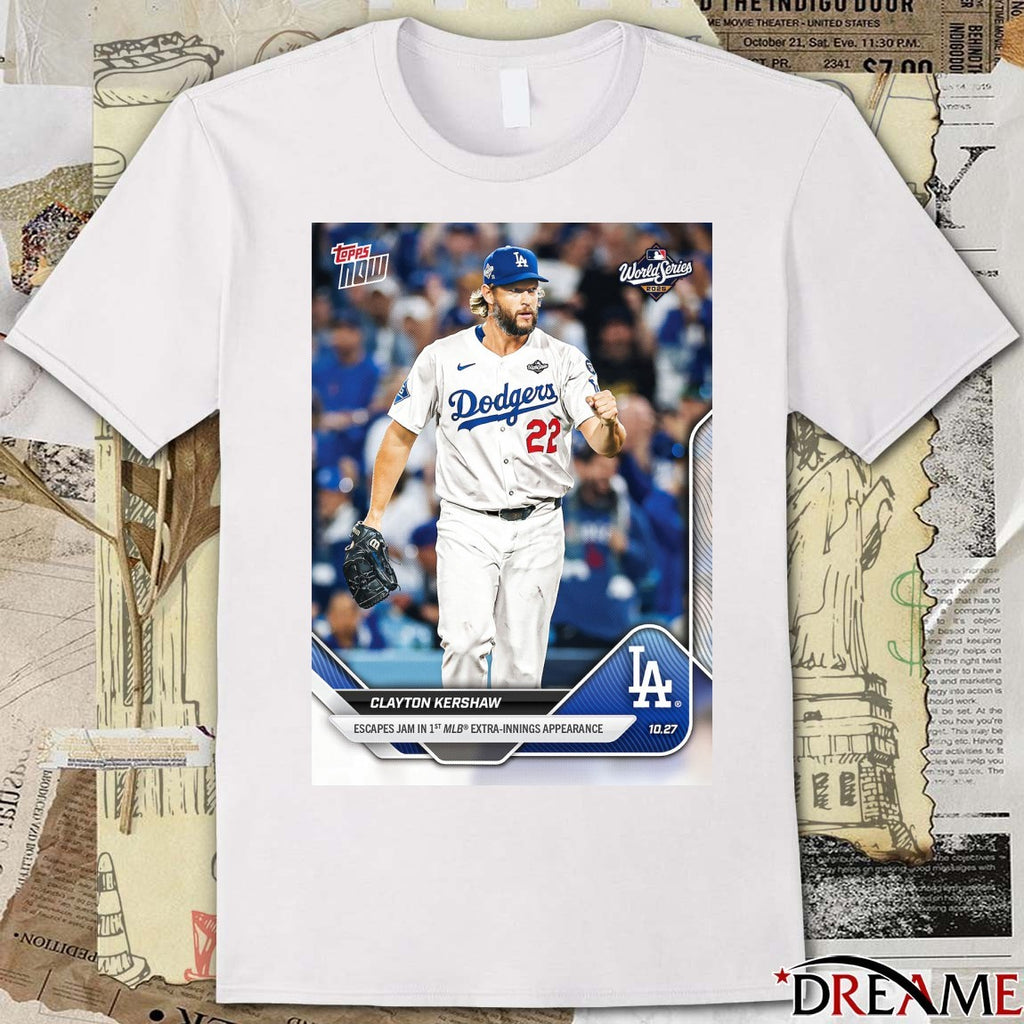 Clayton Kershaw 2025 MLB Topps Los Angeles Dodgers Escapes Jam In 1st MLB Extra-Inning Appearance t-shirt