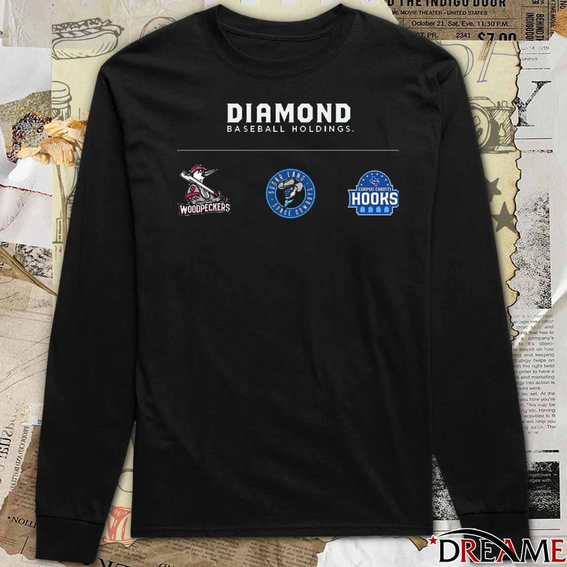 Diamond Baseball Holdings Sugar Land Space Cowboys, Corpus Christi Hooks and Fayetteville Woodpeckers Logos t-shirt