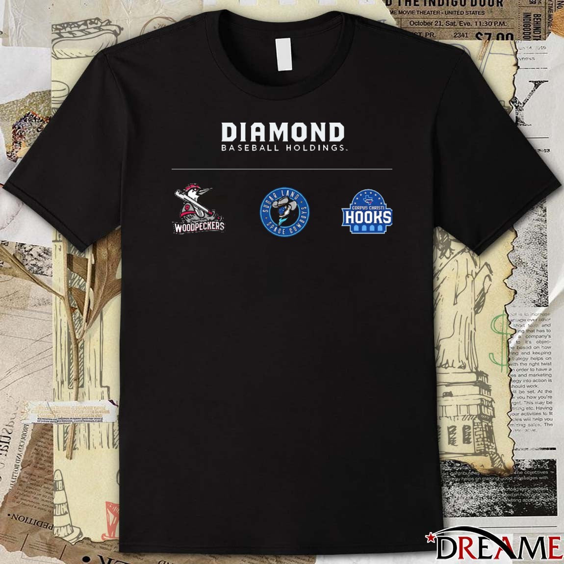 Diamond Baseball Holdings Sugar Land Space Cowboys, Corpus Christi Hooks and Fayetteville Woodpeckers Logos t-shirt