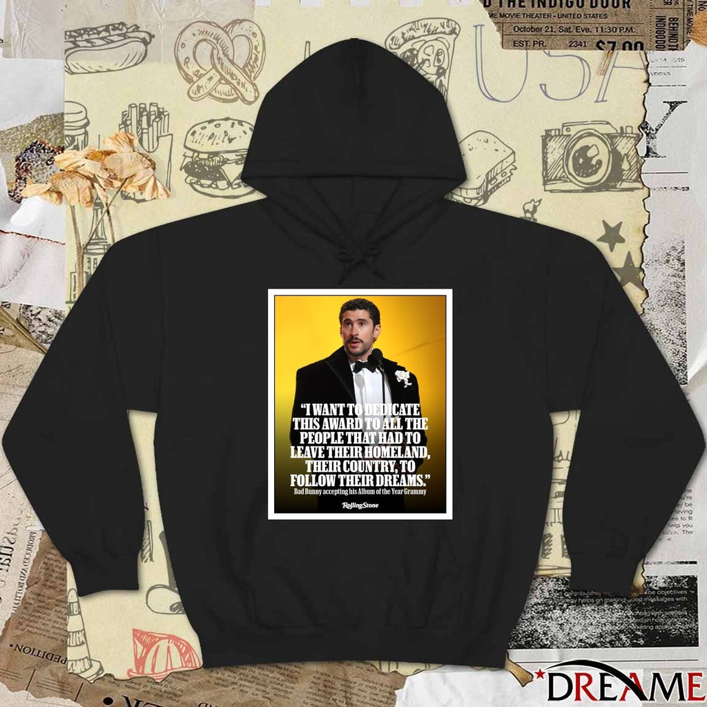 I Want To Dedicate This Award To All The People That Had To Leave Their Homeland Their Country To Follow Their Dreams Bad Bunny Grammys Poster t-shirt