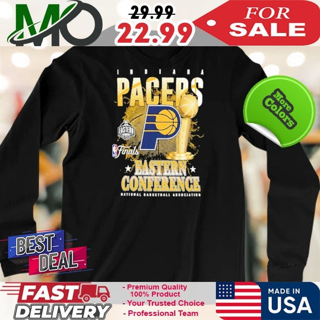Indiana Pacers 2025 Eastern Conference Finals Black Graphic Logo Trophy T-Shirt