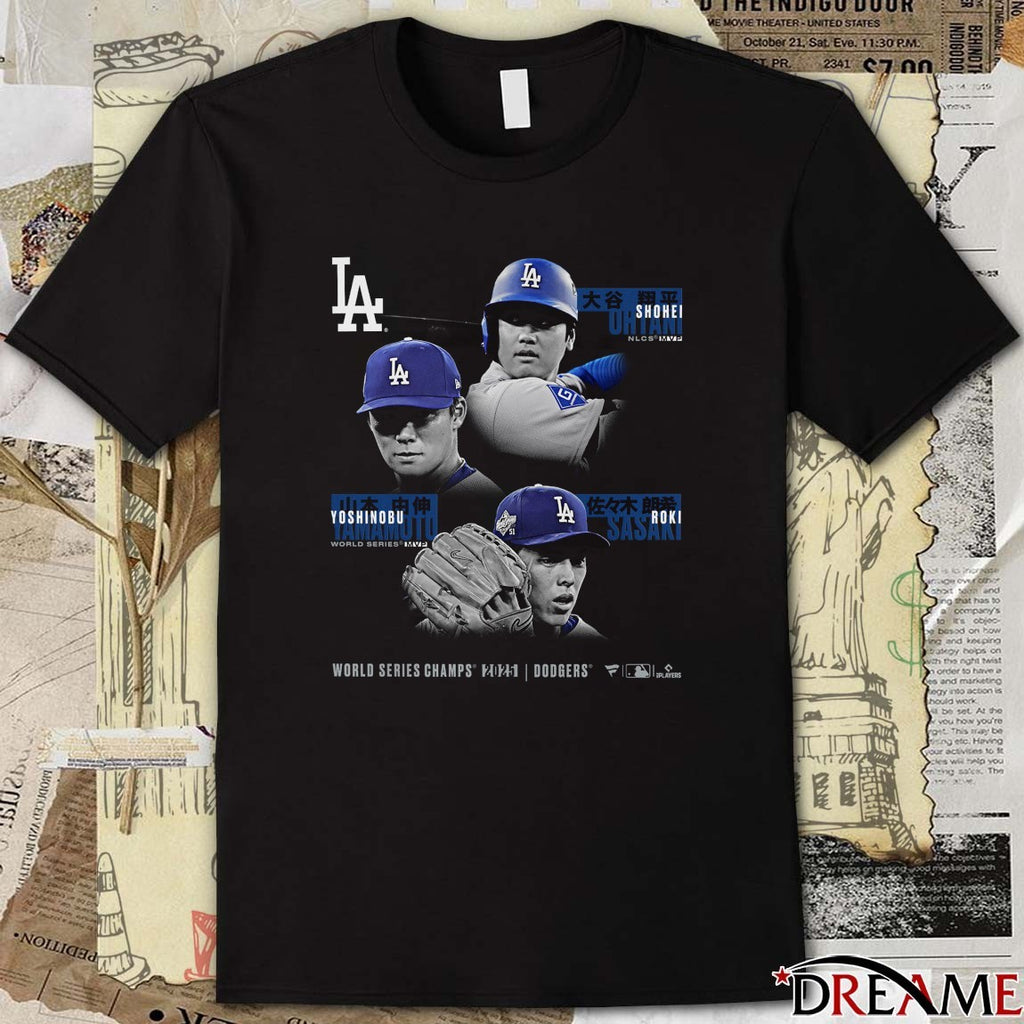 Los Angeles Dodgers Shohei Ohtani, Yoshinobu Yamamoto and Roki Sasaki Black 2025 World Series Champions Historic Performances t-shirt
