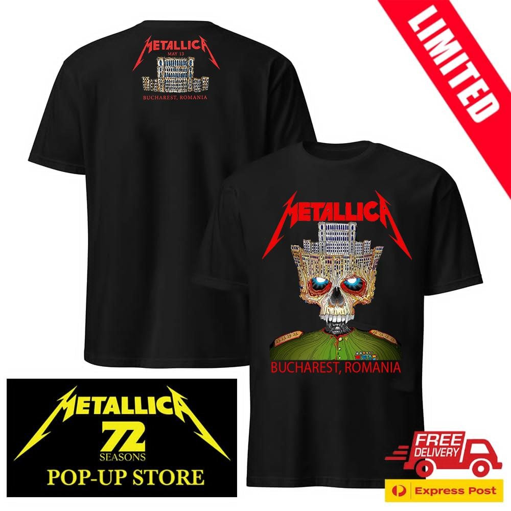 Matei Apostolescu Metallica Bucharest 2026 Official Tee – Two Sides Biomechanical Skull – May 13 Venue
