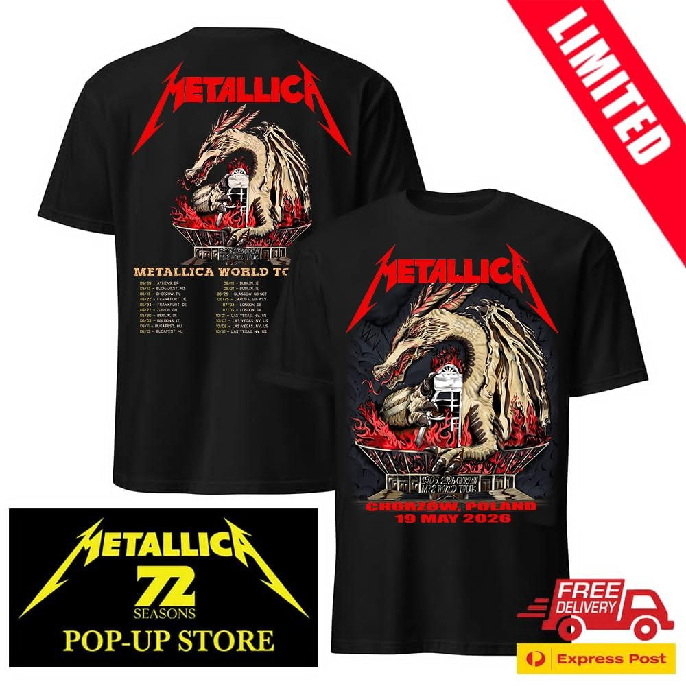 Metallica Chorzow 2026 Official Two Sides T-Shirt – M72 Poland Pop-Up Shop Dragon Karol Banach Merch