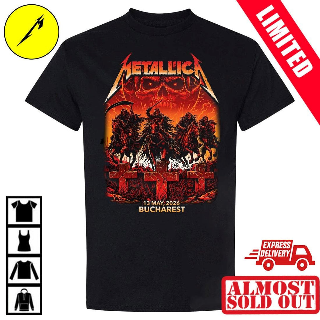 Metallica M72 Bucharest 2026 Four Horsemen & Crosses Shirt By Maxx242 – Romania May 13 Tour Concert Pop Up Merchandise Tee
