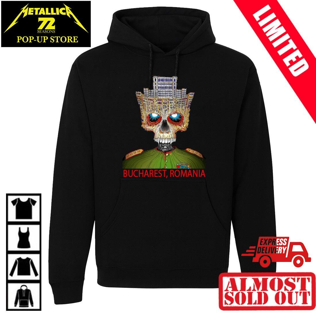 Metallica M72 Bucharest 2026 Venue Merch T-Shirt Palace Of Parliament Crown Skull Art By Matei Apostolescu (Arena Nationala, Romania, May 13)