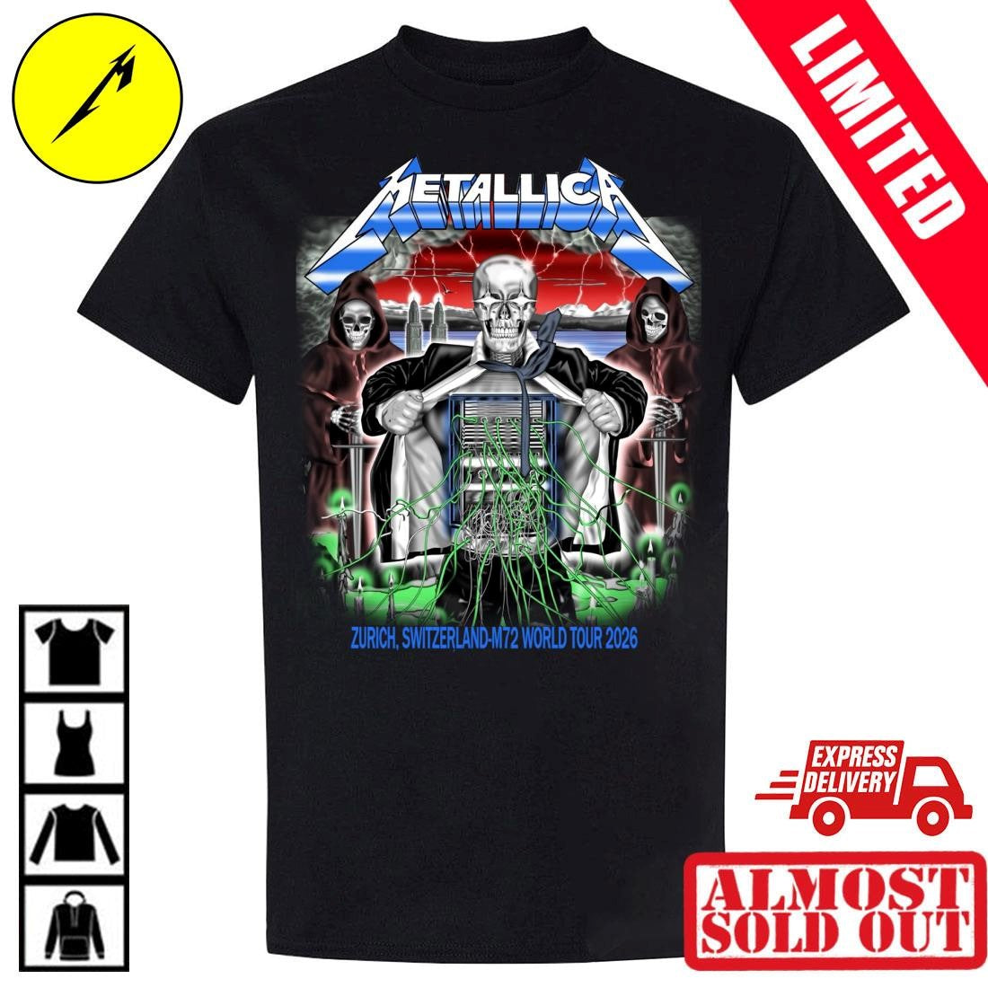 Metallica M72 Zurich Switzerland Event Tee Show At Stadion Letzigrund On May 27 2026 M72 World Tour 2026 Mecha Skull Shirt