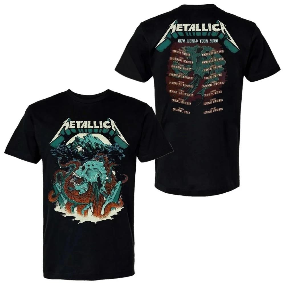 Metallica Pop-up Store M72 European World Tour 2026 Kraken Skull Head With Dates Back Shirt