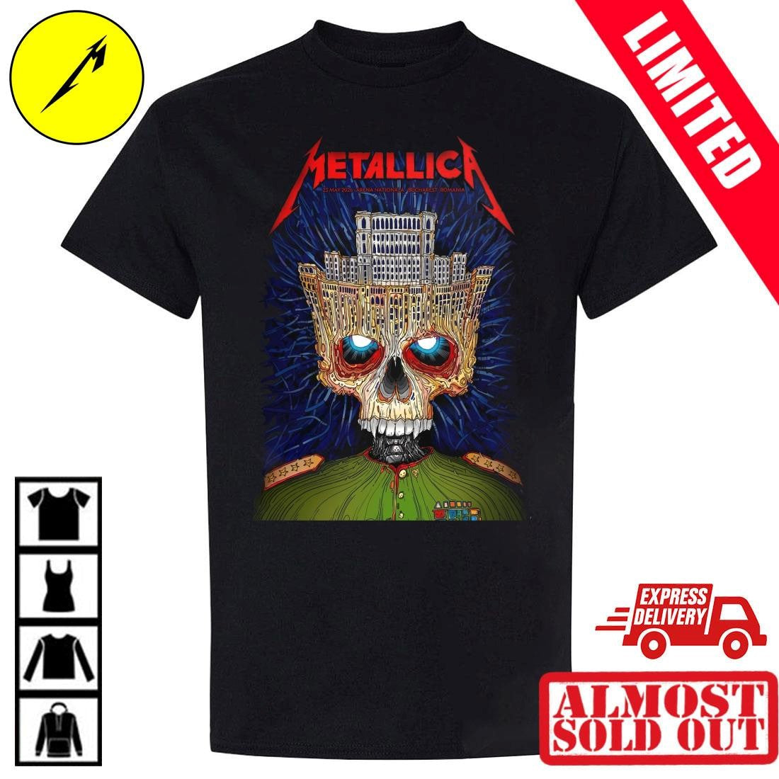 Metallica Shirt Arena Nationala Bucharest Romania Wednesday May 13 2026 – M72 Tour Venue Merch Tee – Parliament Crown Skull By Matei Apostolescu