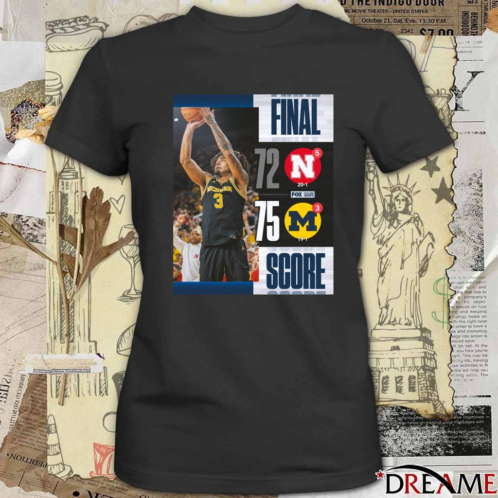 Michigan Wolverines Vs Nebraska Cornhuskers Final Score 74 – 72 FOX College Hoops Poster t-shirt