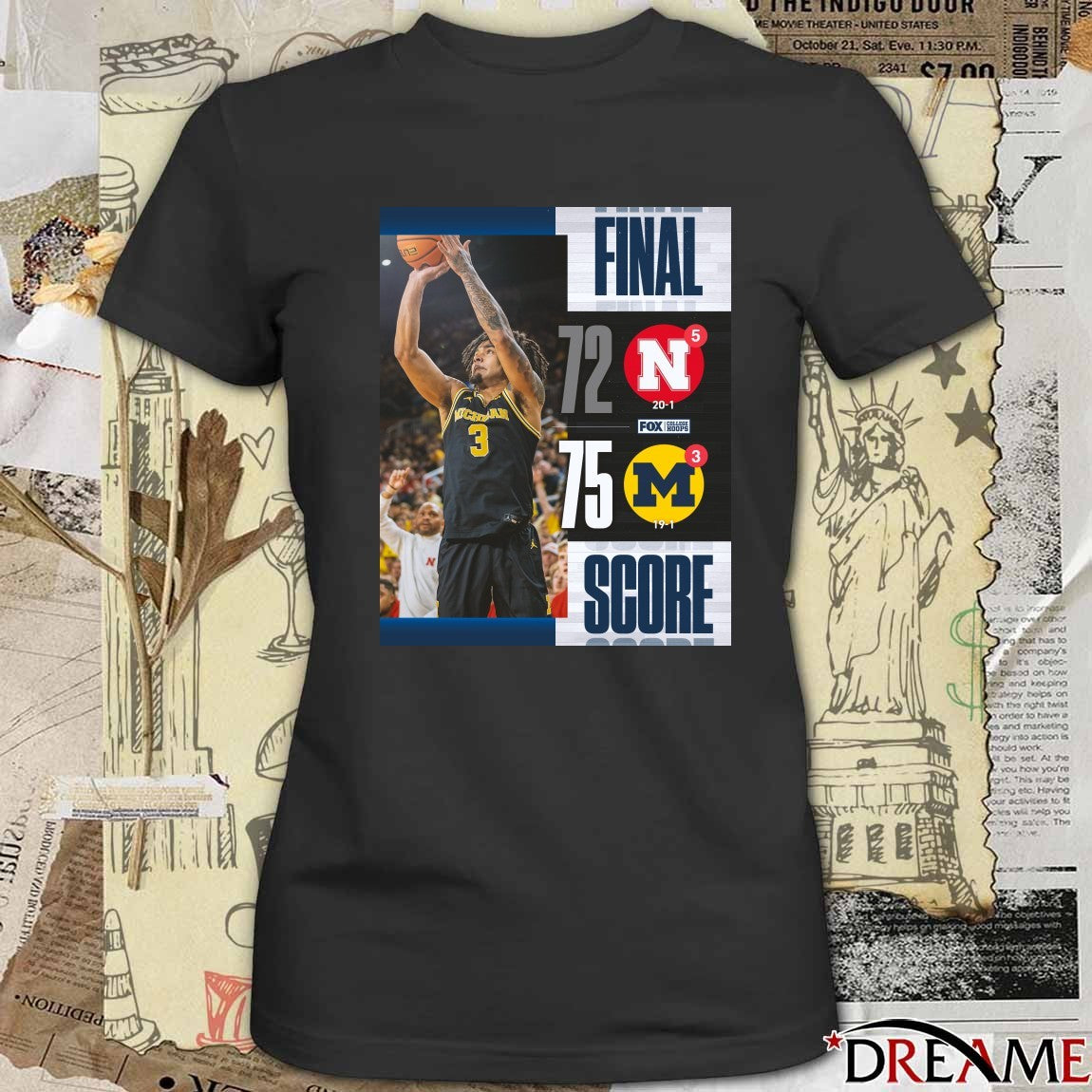Michigan Wolverines Vs Nebraska Cornhuskers Final Score 74 – 72 FOX College Hoops Poster t-shirt