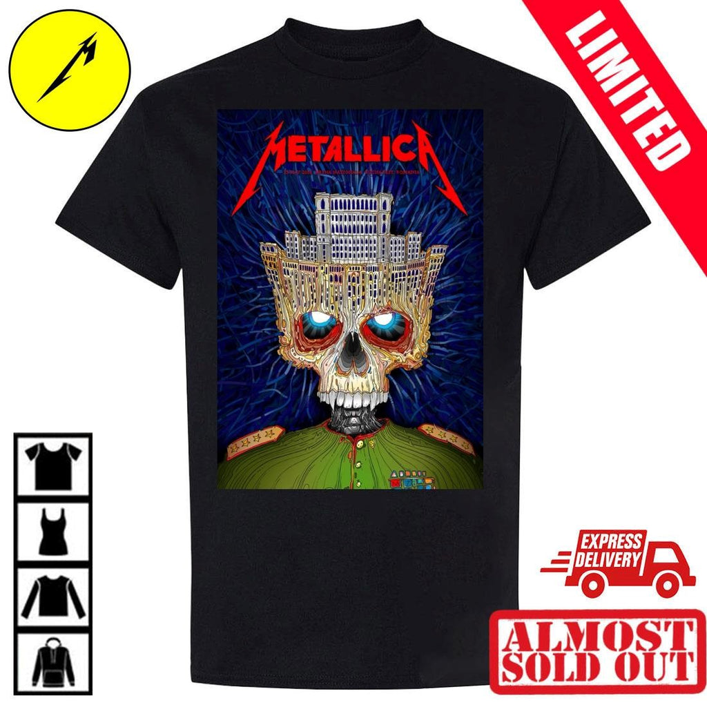 Official Metallica Bucharest Romania 2026 Concert T-Shirt Palace Of Parliament Crown Skull Art By Matei Apostolescu Arena Nationala May 13 Merch