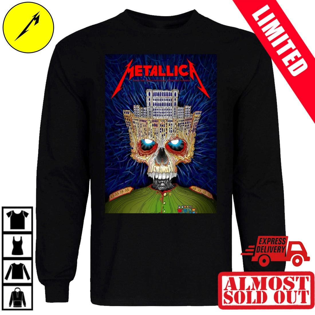 Official Metallica Bucharest Romania 2026 Concert T-Shirt Palace Of Parliament Crown Skull Art By Matei Apostolescu Arena Nationala May 13 Merch