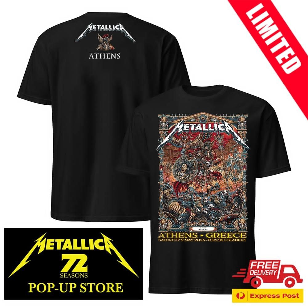 Official Metallica M72 Athens Greece 2026 Two Sides Tee – Warrior Medusa Shield by Juan Ma Orozco