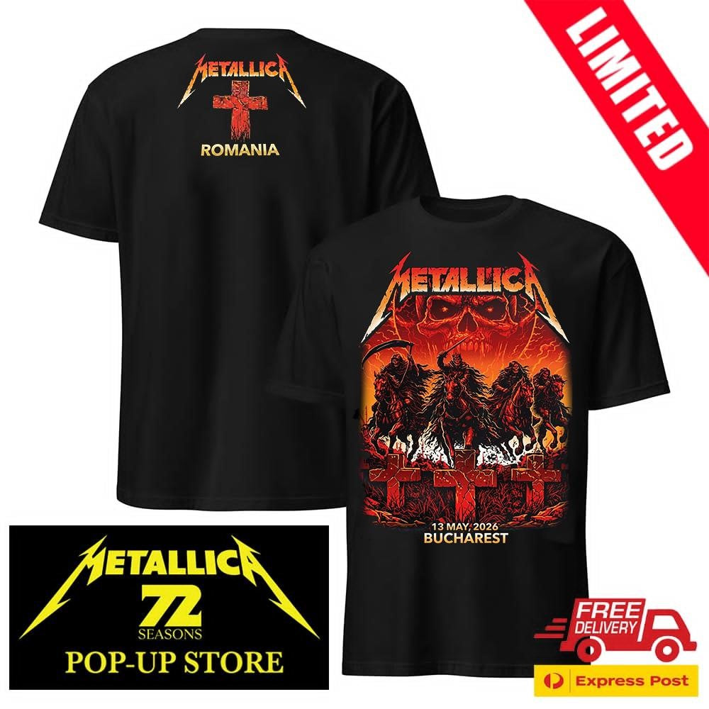 Official Metallica M72 Bucharest Romania 2026 Two Sides Tee – Four Horsemen Art by Maxx242