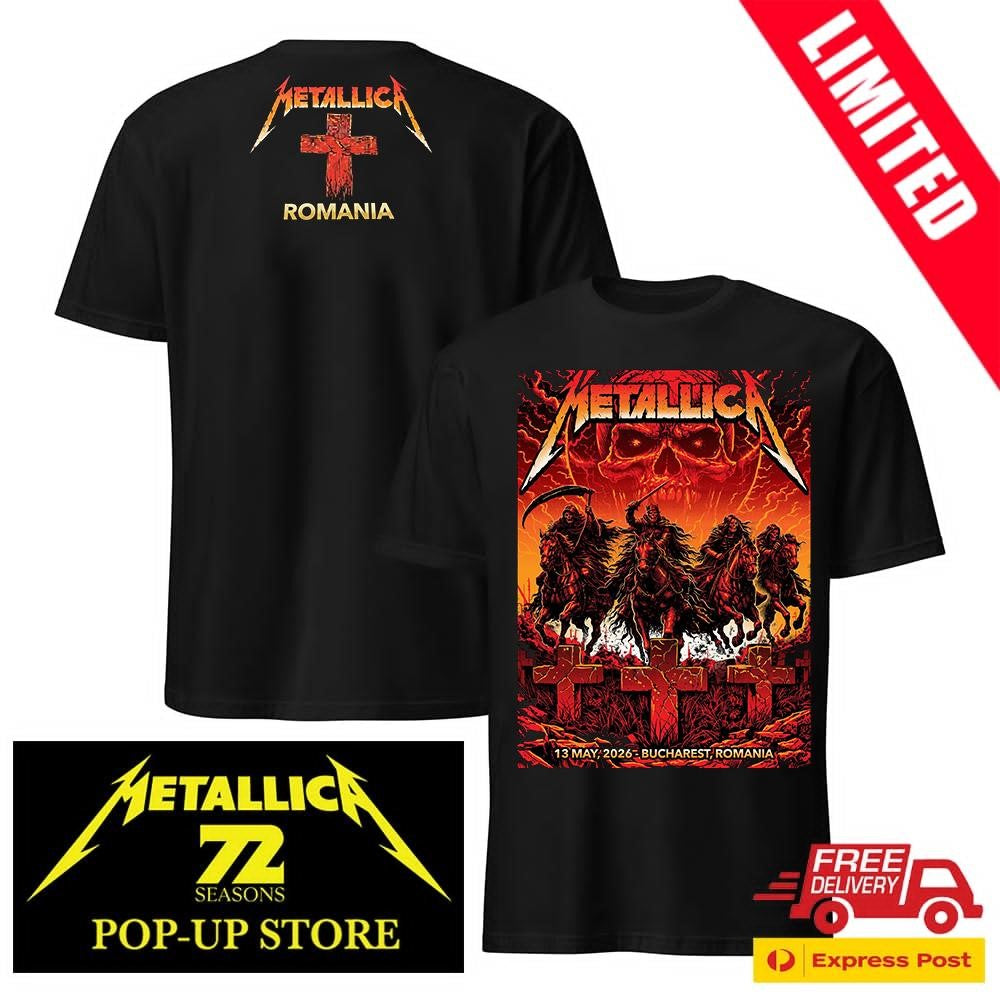 Official Metallica M72 Bucharest Romania May 13 2026 Two-Sided Tee – Maxx242 Four Horsemen Venue Merch