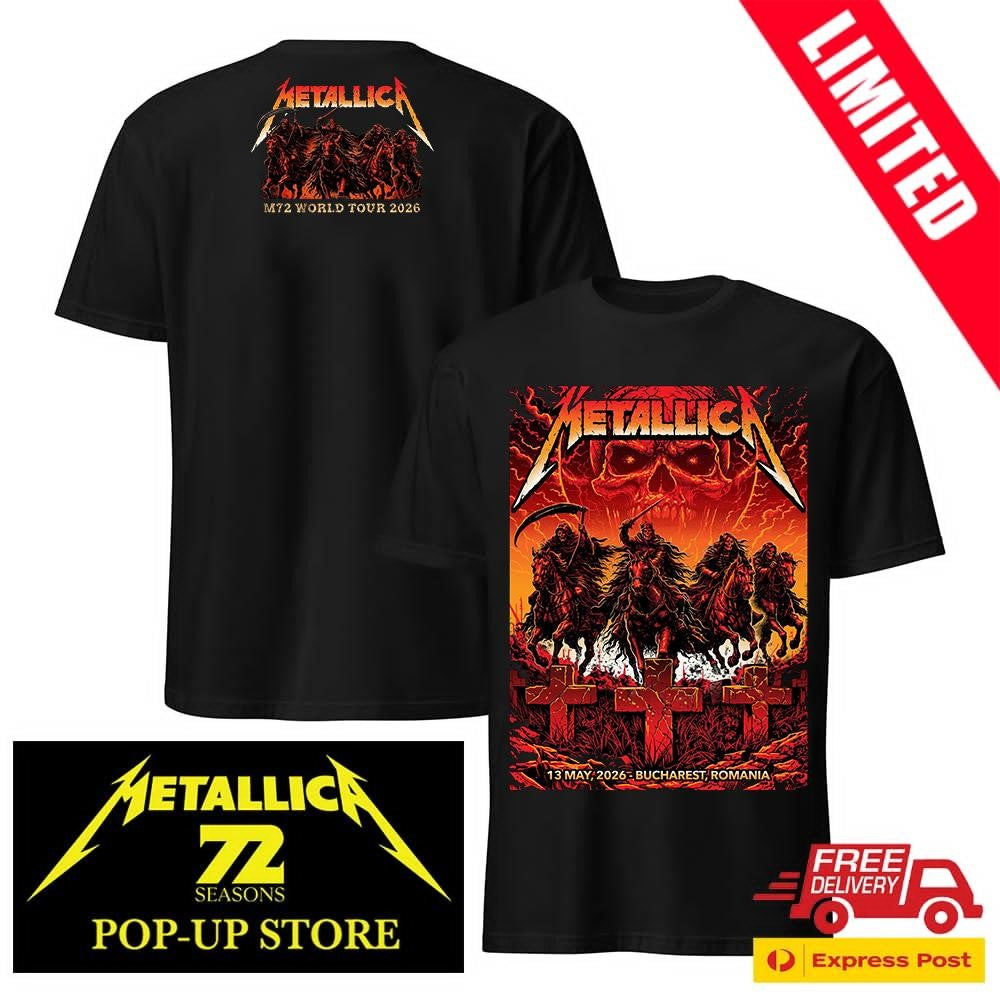 Official Metallica M72 Tour Bucharest 2026 Shirt – Two Sides Four Horsemen – Romania Arena Nationala May 13