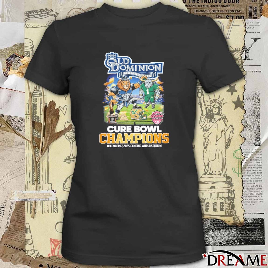 Old Dominion Monarchs Defeats South Florida Bulls football 2025 Cure Bowl Champions Dec 17 Camping World Stadium Mascots t-shirt