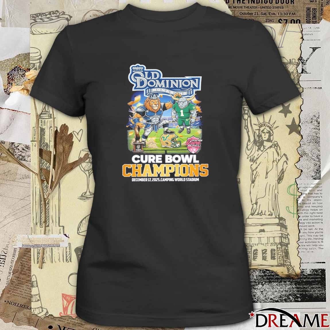 Old Dominion Monarchs Defeats South Florida Bulls football 2025 Cure Bowl Champions Dec 17 Camping World Stadium Mascots t-shirt