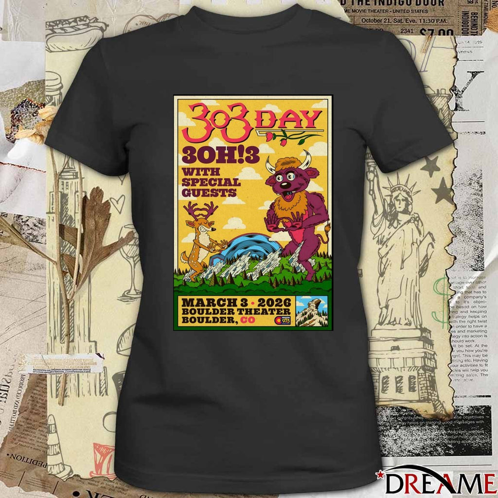 Poster 3OH3 March 3 2026 Boulder Theater Boulder CO t-shirt