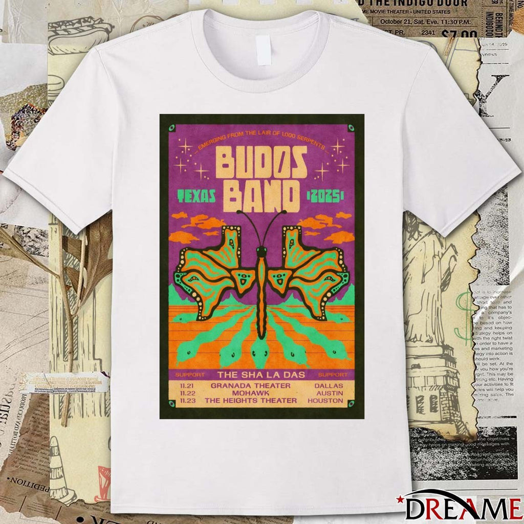 Poster Budos Band Poster TX Tour 2025 11.21 Granada Theater Dallas 11.22 Mohawk Austin 11.23 The Heights Theater Houston t-shirt
