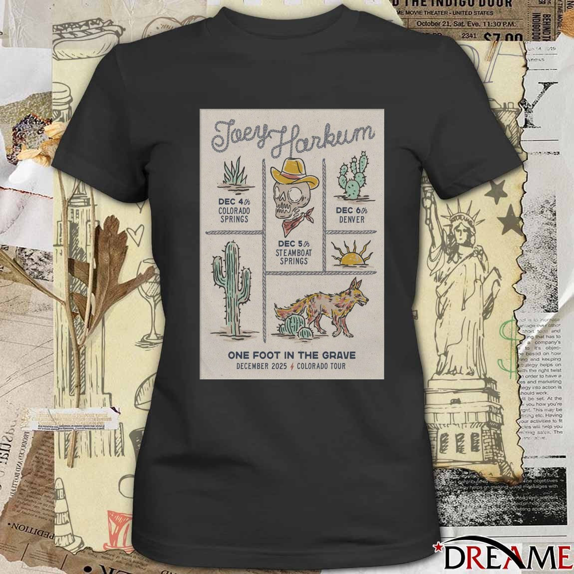 Poster Joey Harkum December 4 – 6 2025 One Fôt In The Grave Tour Colorado t-shirt