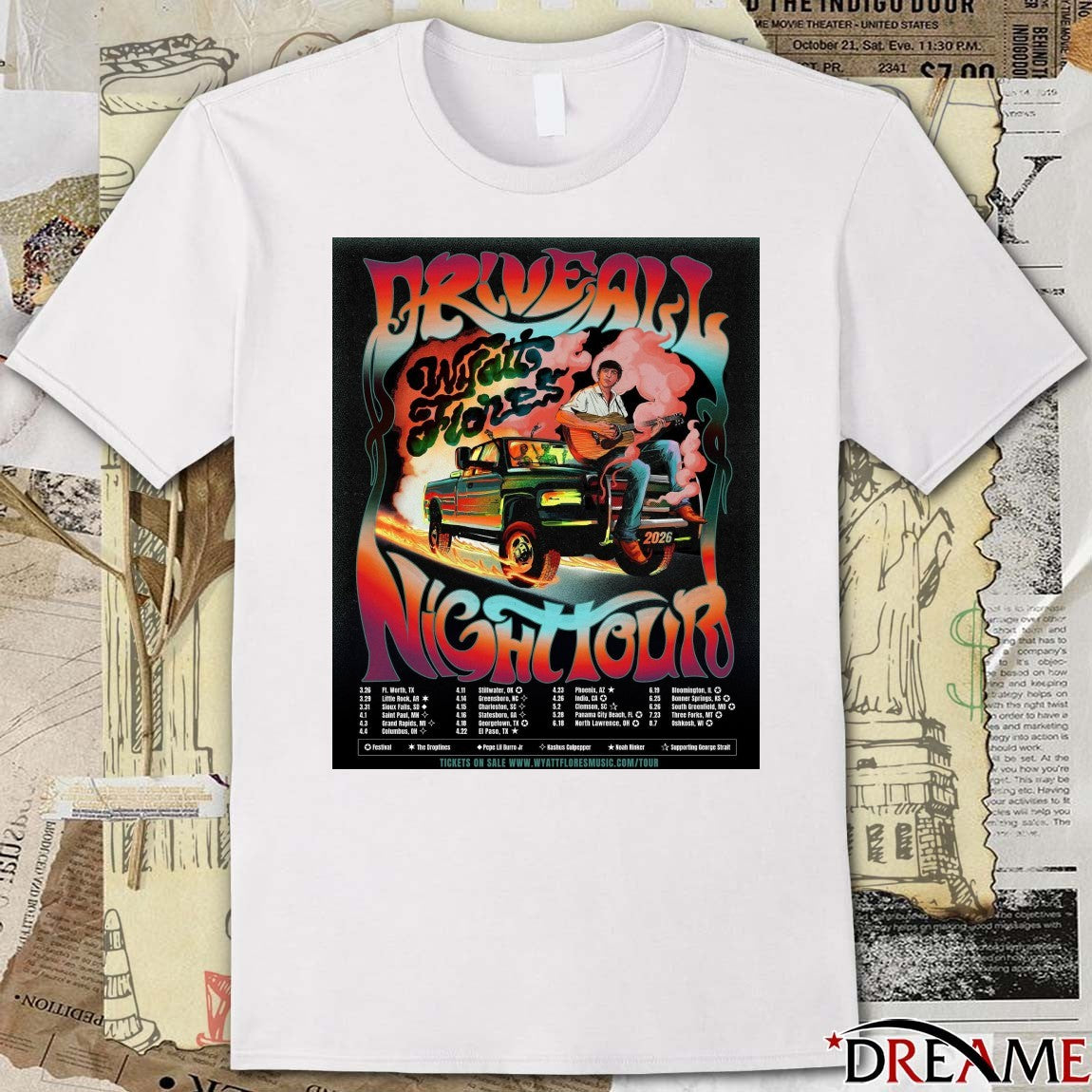 Poster Wyatt Flores Drive All Night Tour 2026 Festival t-shirt