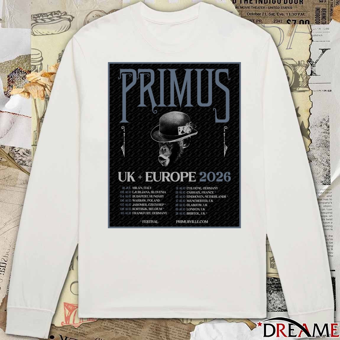 Primus UK and Europe July 31 Milan Italy, August 03 – 21 2026 Poster t-shirt