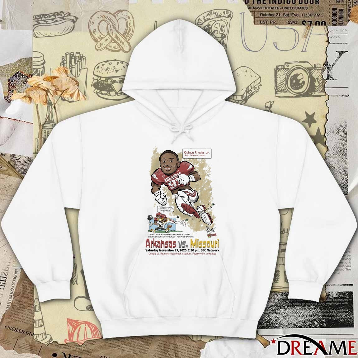 Quincy Rhodes Jr. Arkansas vs. Missouri November 29, 2025 Donald W. Reynolds Razorback Stadium, Fayetteville, Arkansas t-shirt