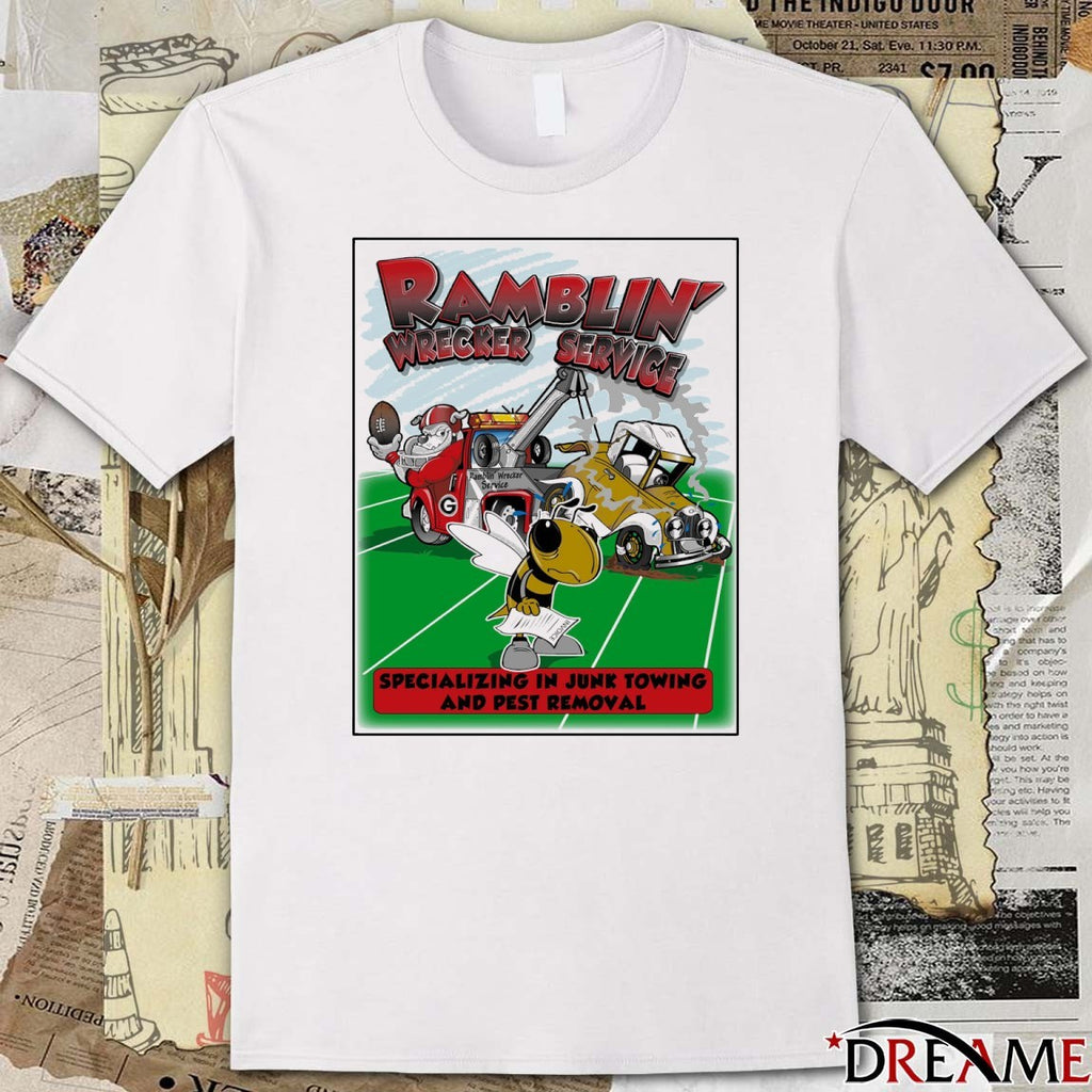 Ramblin’ Wrecker Service Specializing In Junk Towing And Pest Removal Georgia Bulldogs Vs Georgia Tech Yellow Jackets t-shirt