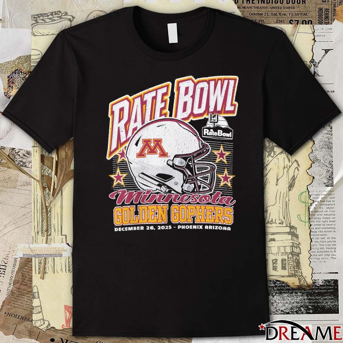Rate Bowl 2025 University of Minnesota Golden Gophers Beveled December 26 Phoenix Arizona Vintage Helmet t-shirt