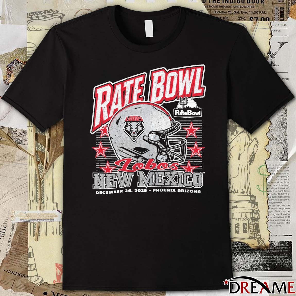 Rate Bowl 2025 University of New Mexico Lobos Beveled December 26 Phoenix Arizona Vintage Helmet t-shirt