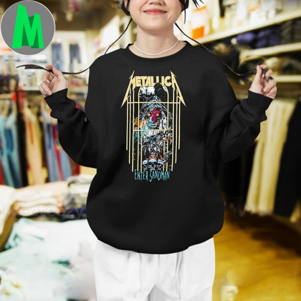 Retro Metallica Enter Sandman Pinball Art Creepy Skull Raven Shirt