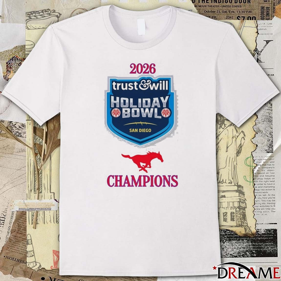 SMU Mustang 2026 Trust And Will Holiday Bowl Champions Logos t-shirt