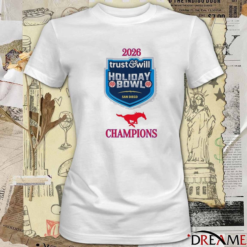 SMU Mustang 2026 Trust And Will Holiday Bowl Champions Logos t-shirt