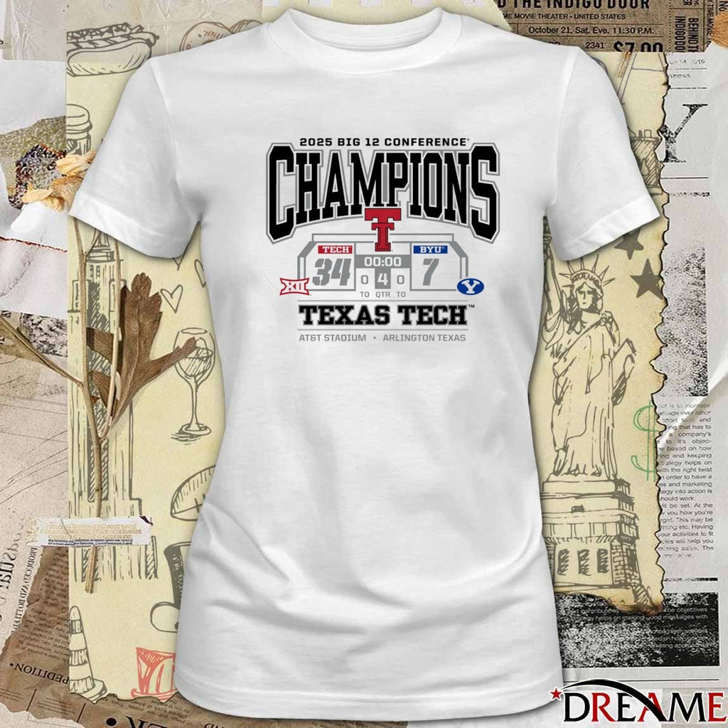 Texas Tech Red Raiders Vs Byu Cougars 2025 Big 12 Football Conference Champions Score 34 – 7 Arlington TX t-shirt