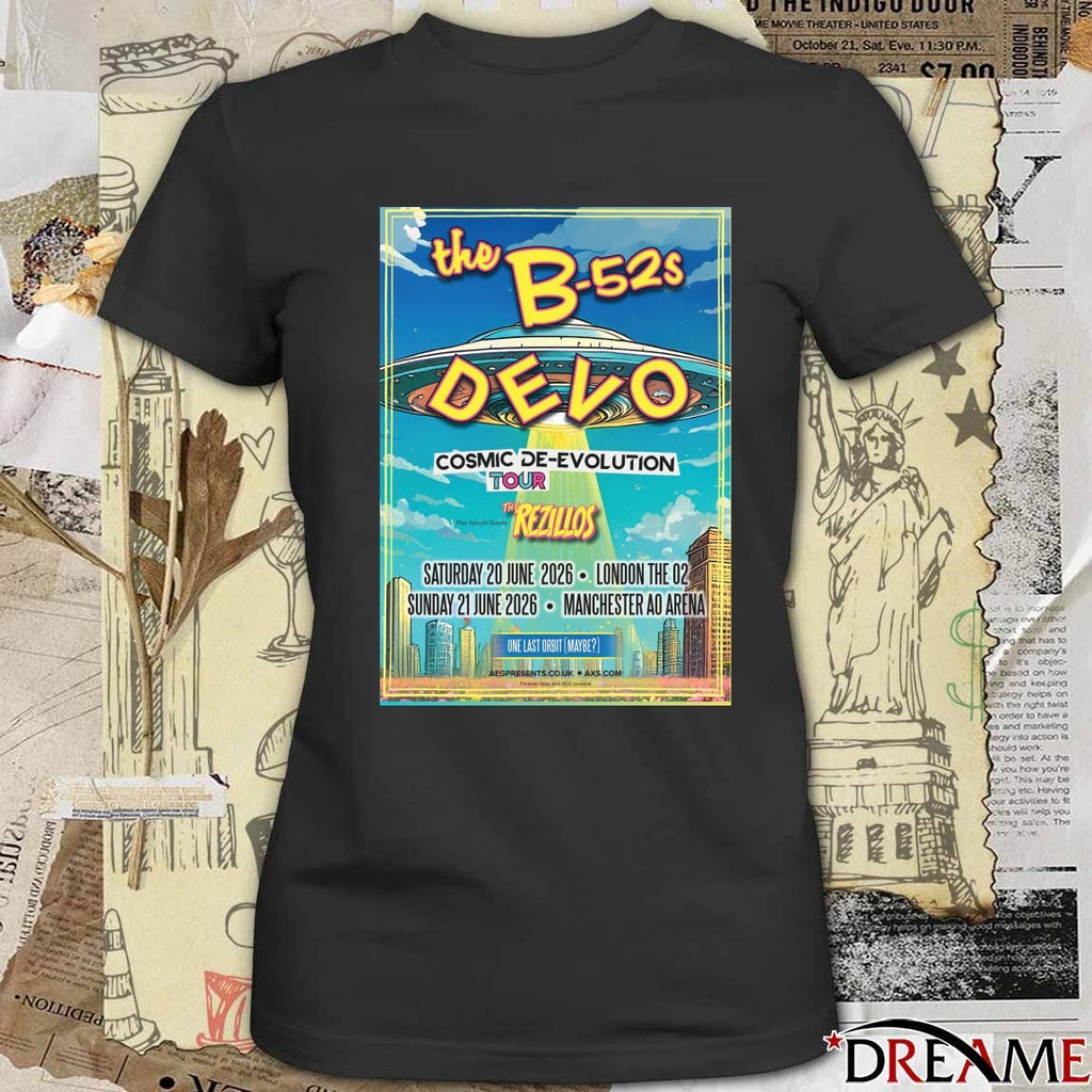 The B-52s and Devo Cosmic De-Evolution Tour June 20, 2026 London The 02 June 21, 2026, in Manchester Poster t-shirt