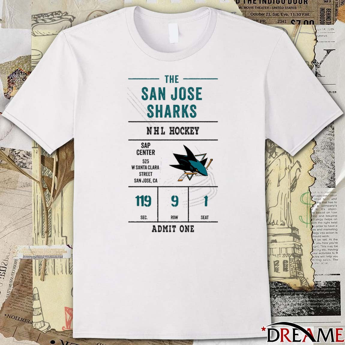 The San Jose Sharks NHL Hockey Sap Center 119 9 1 Admit One t-shirt
