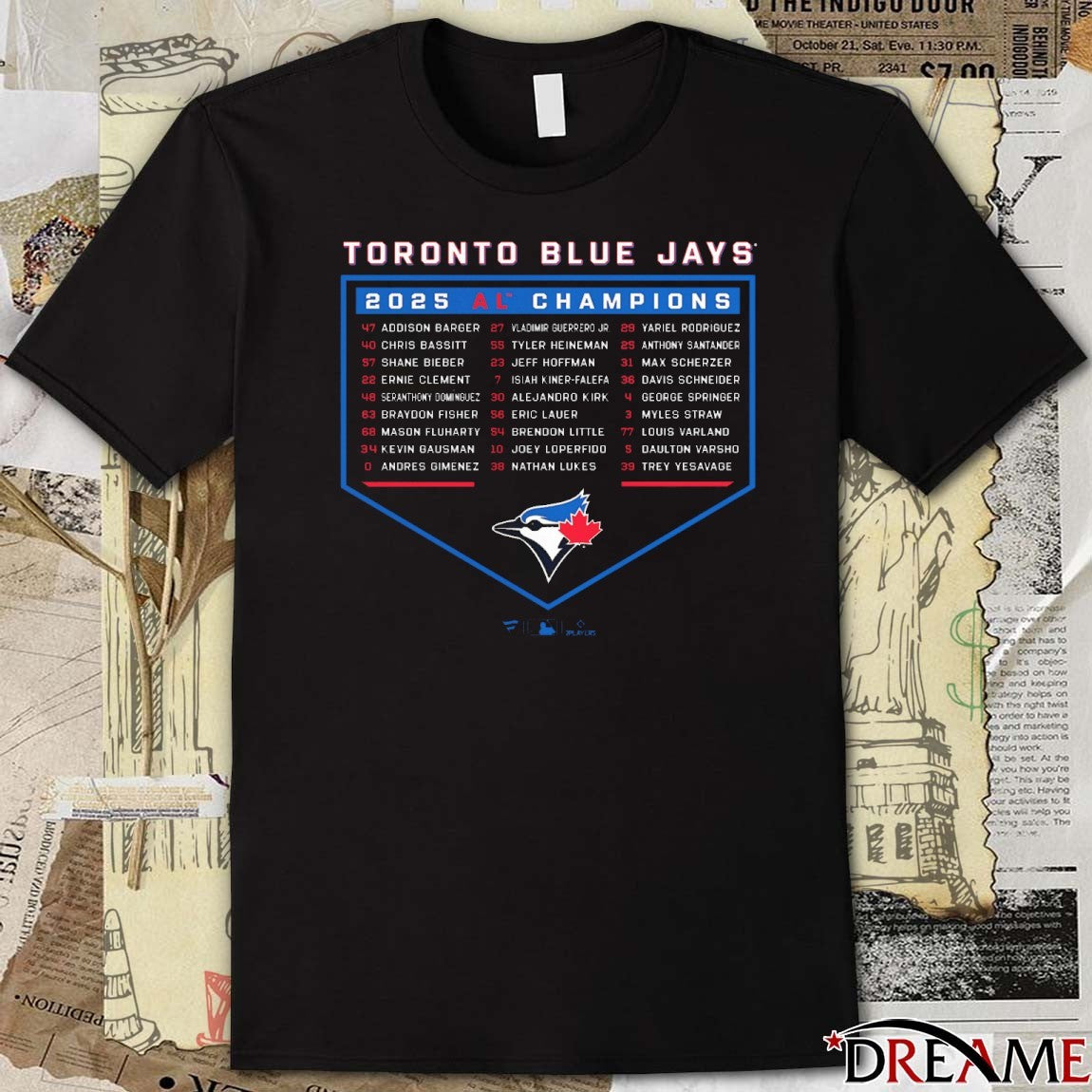 Toronto Blue Jays MLB 2025 AL Champions Bloop Single Roster Addison Barger, Chris Bassitt And Shane Bieber t-shirt
