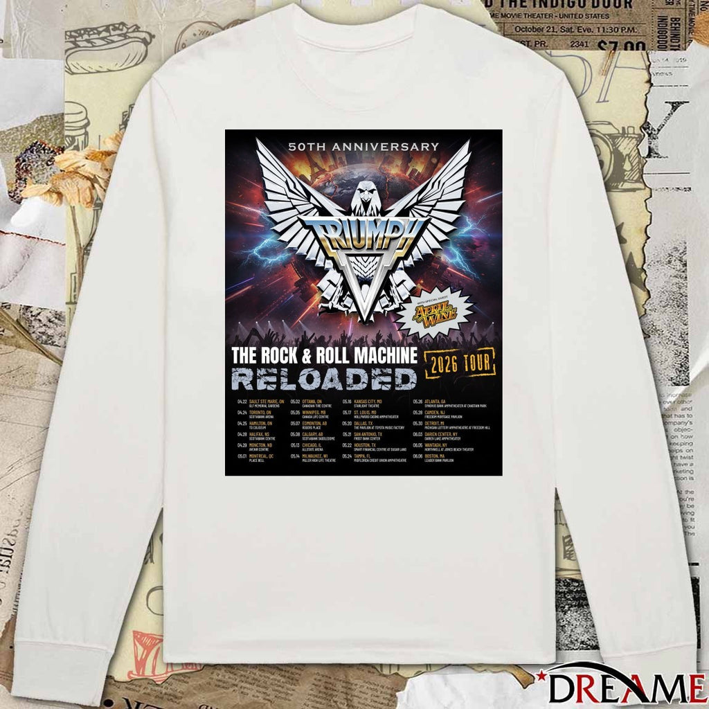 Triumph 50th Anniversary The Rock and Roll Machine Reloaded 2026 Tour Poster t-shirt