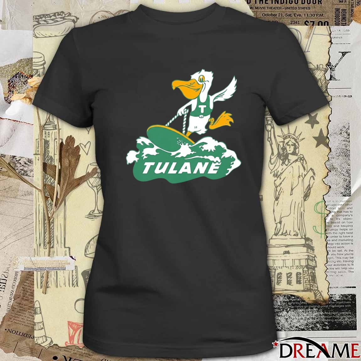 Tulane Green Wave Mascot Surfboard logo t-shirt
