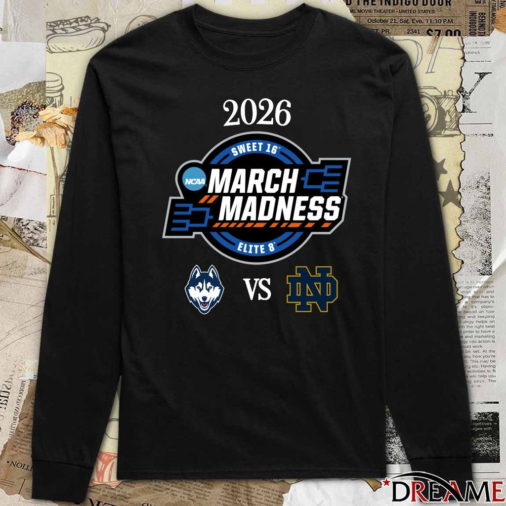 UConn Huskies vs Notre Dame Fighting Irish 2026 NCAA Women’s March Madness Elite 8 Logos t-shirt