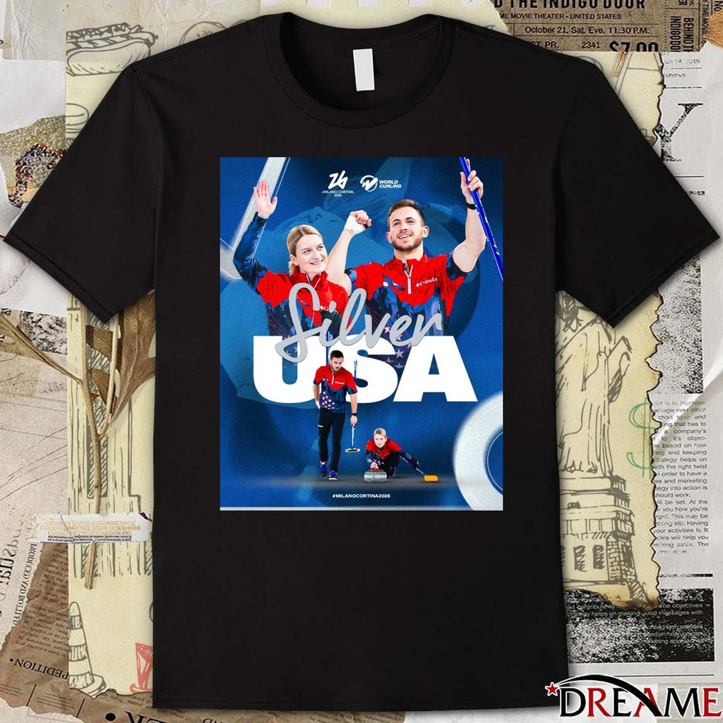 United States’ Cory Thiesse and Korey Dropkin Silver USA Milano Cortina 2026 Poster t-shirt